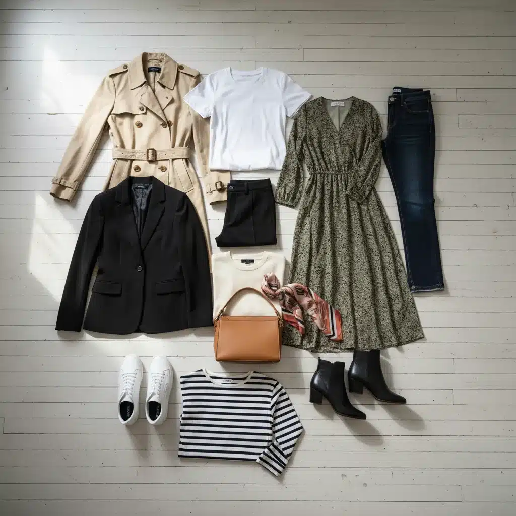 Flat lay of 12 essential clothing items for a minimalist capsule wardrobe