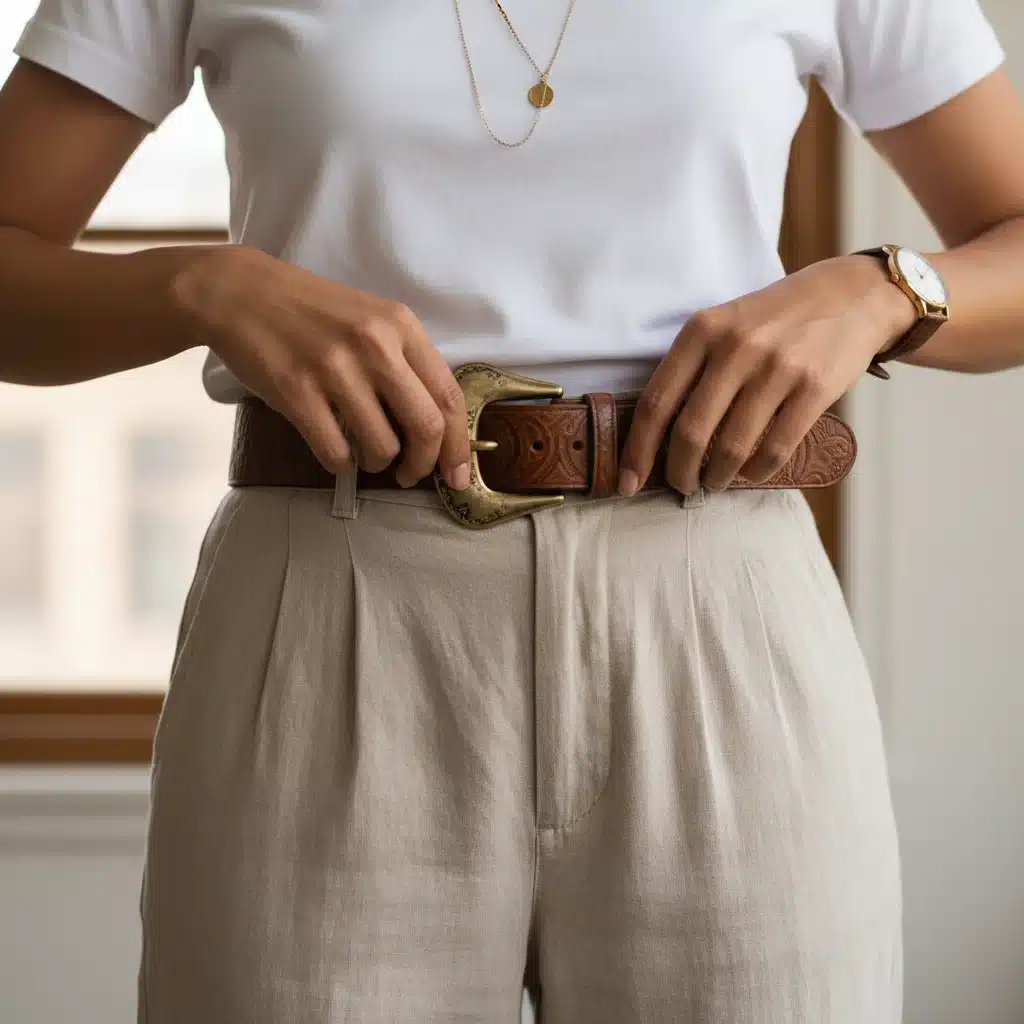 Person accessorizing a neutral outfit with a belt and jewelry.