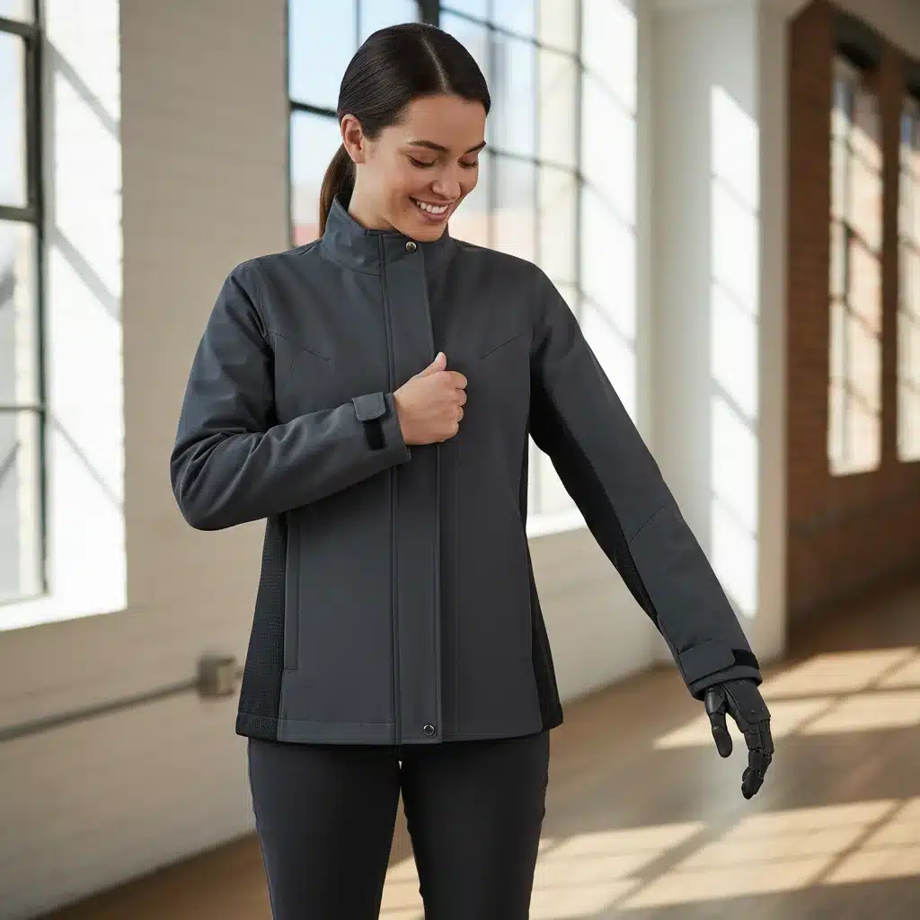 Adaptive fashion jacket with magnetic closures for easy dressing.