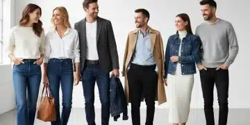 Stylish individuals demonstrating a versatile American capsule wardrobe with neutral colors and classic pieces for 2026.