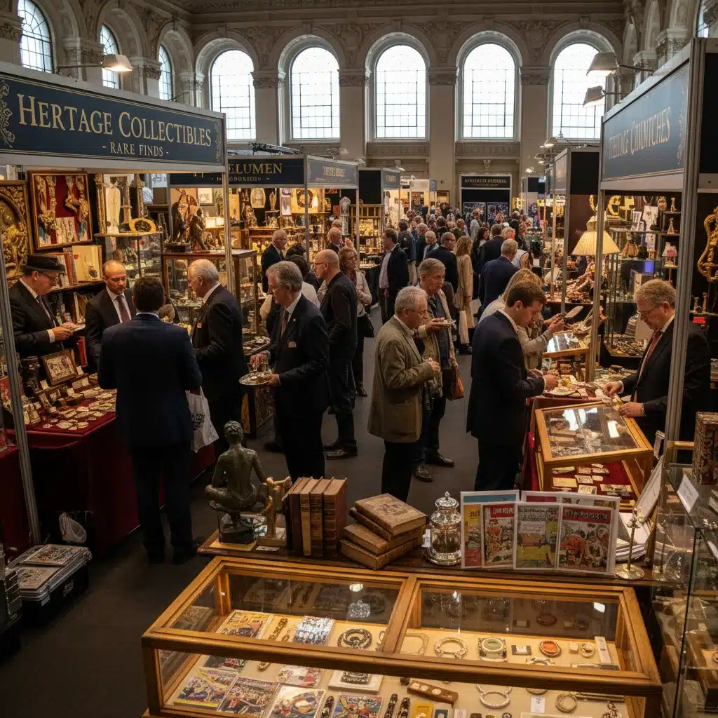 Collectors and vendors at a lively antique fair, showcasing diverse items.