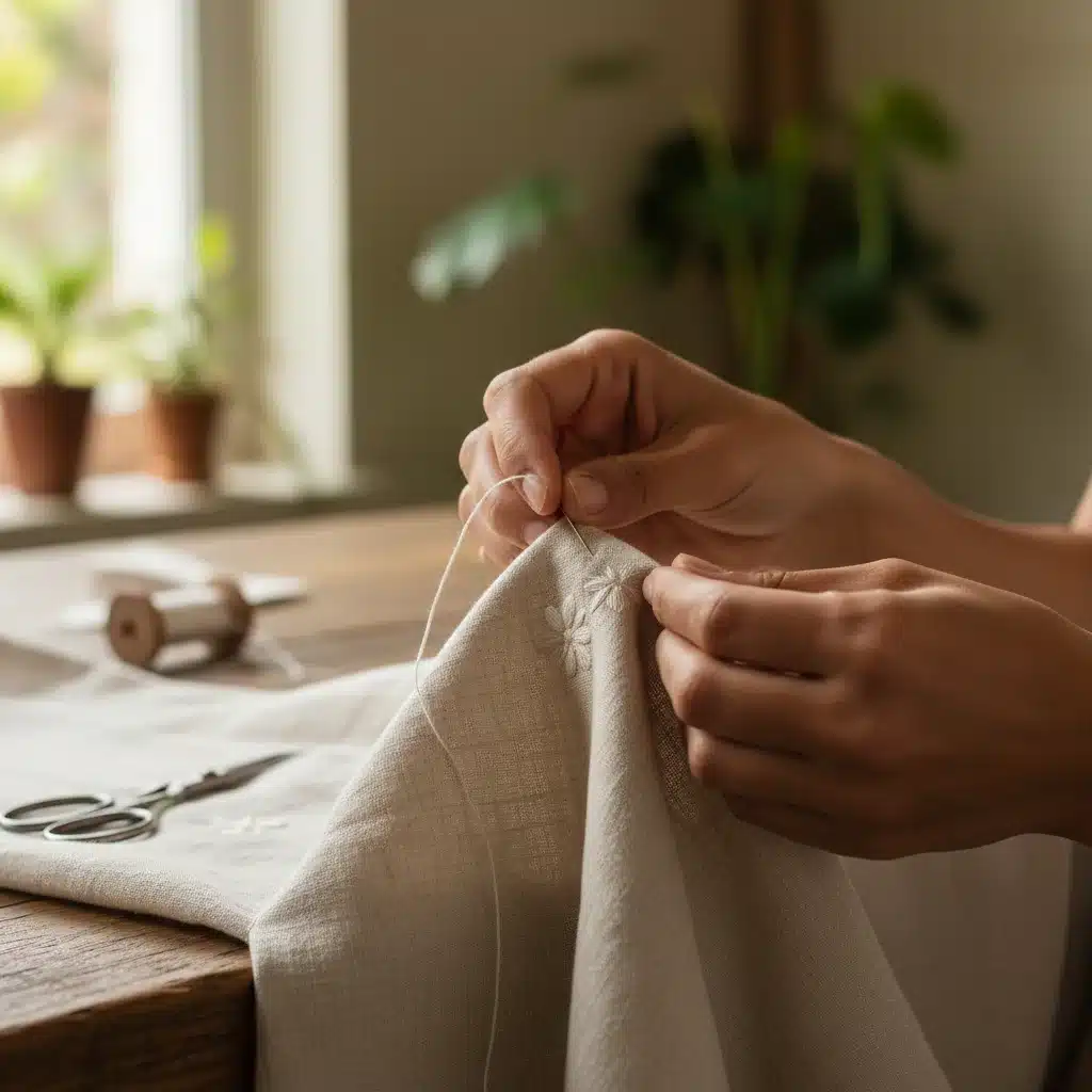 Artisan hands crafting an ethical organic cotton dress, emphasizing sustainable production.