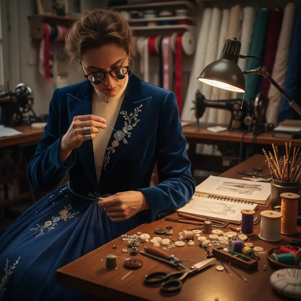 Artisan hand-stitching a detail on a high-end garment, symbolizing exceptional craftsmanship.
