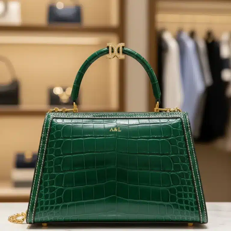 Close-up of an authentic luxury handbag with intricate details, representing exclusive collection pieces.