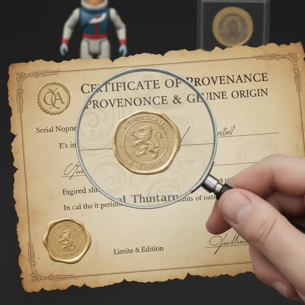 Authenticity certificate for rare collectible, detailed inspection