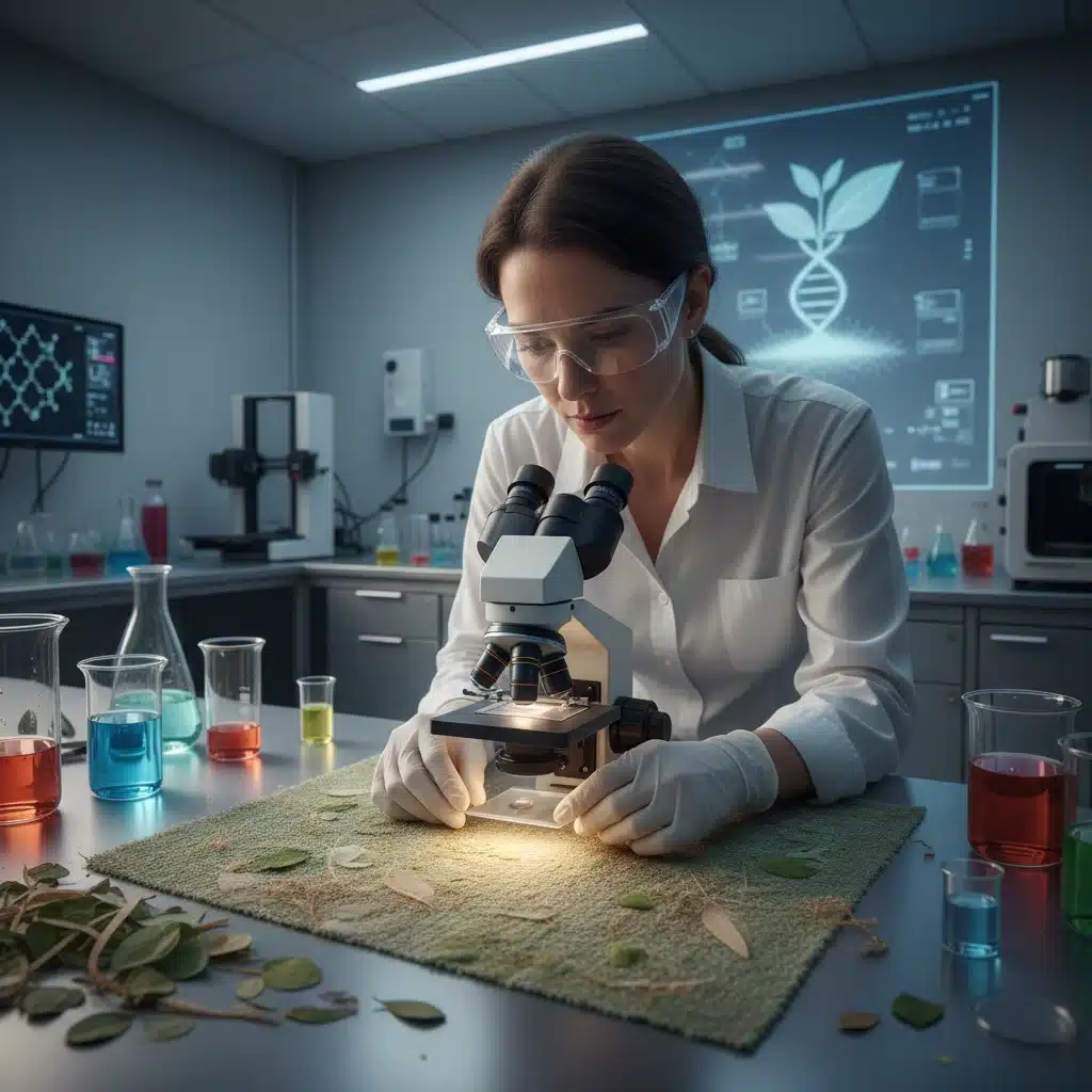 Textile engineer examining a new biodegradable fabric, symbolizing innovation in sustainable materials.