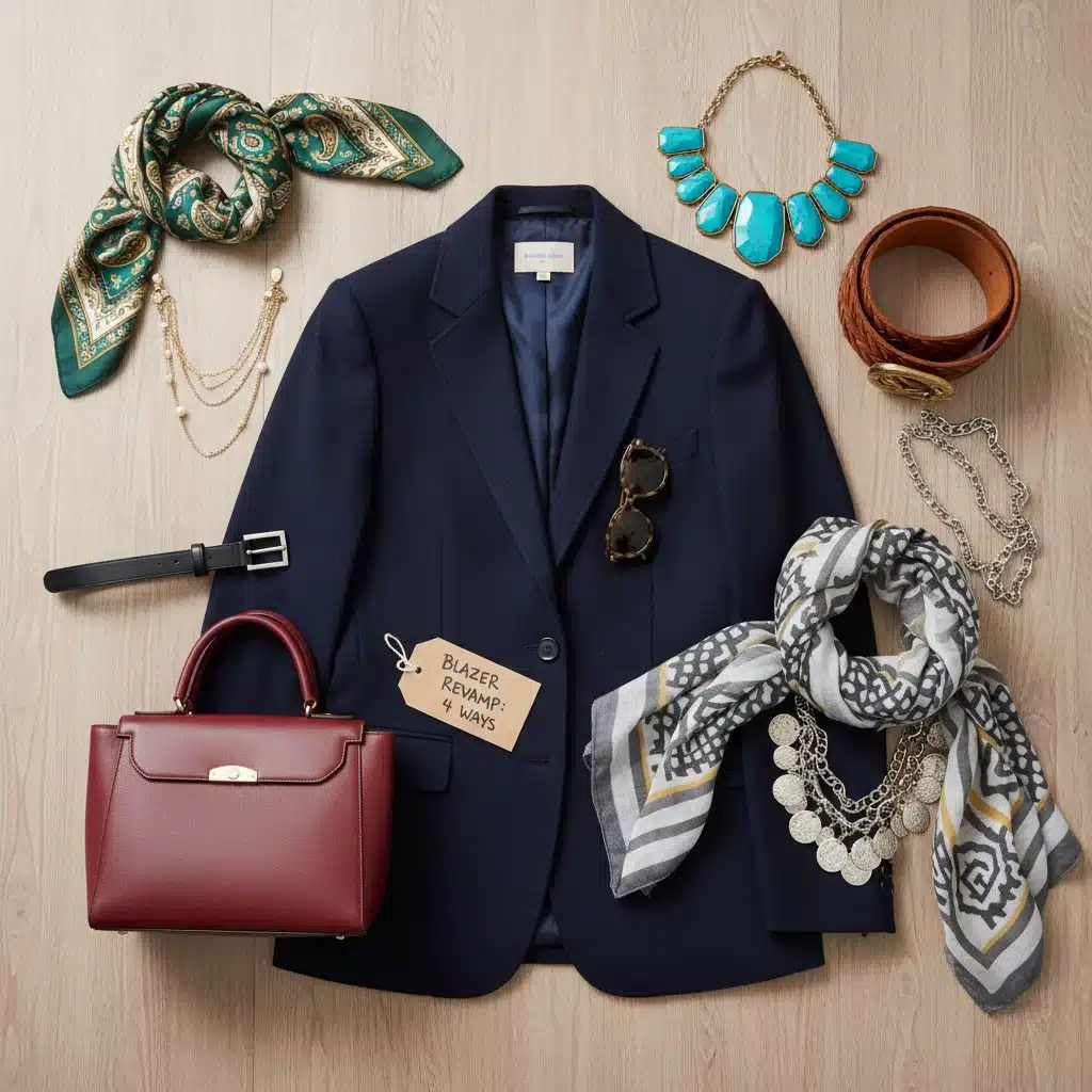 Accessories transforming a classic navy blazer into multiple outfit combinations