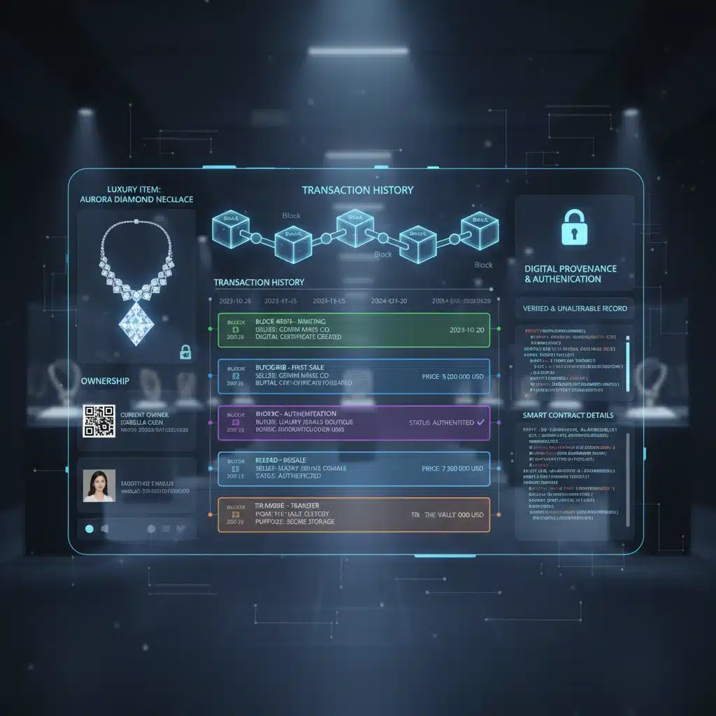 Blockchain ledger showing digital provenance and transaction history for a luxury item.