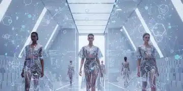 Blockchain network overlaying fashion runway, symbolizing transparency and authenticity.