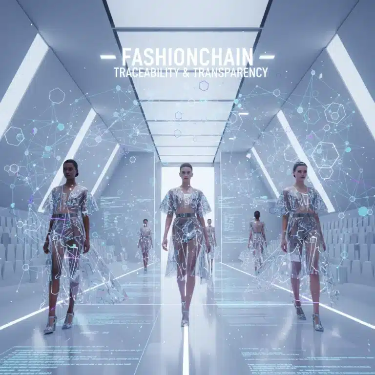 Blockchain network overlaying fashion runway, symbolizing transparency and authenticity.
