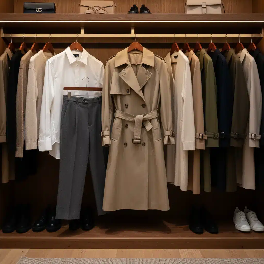 Organized capsule wardrobe with timeless pieces like a trench coat and white shirt