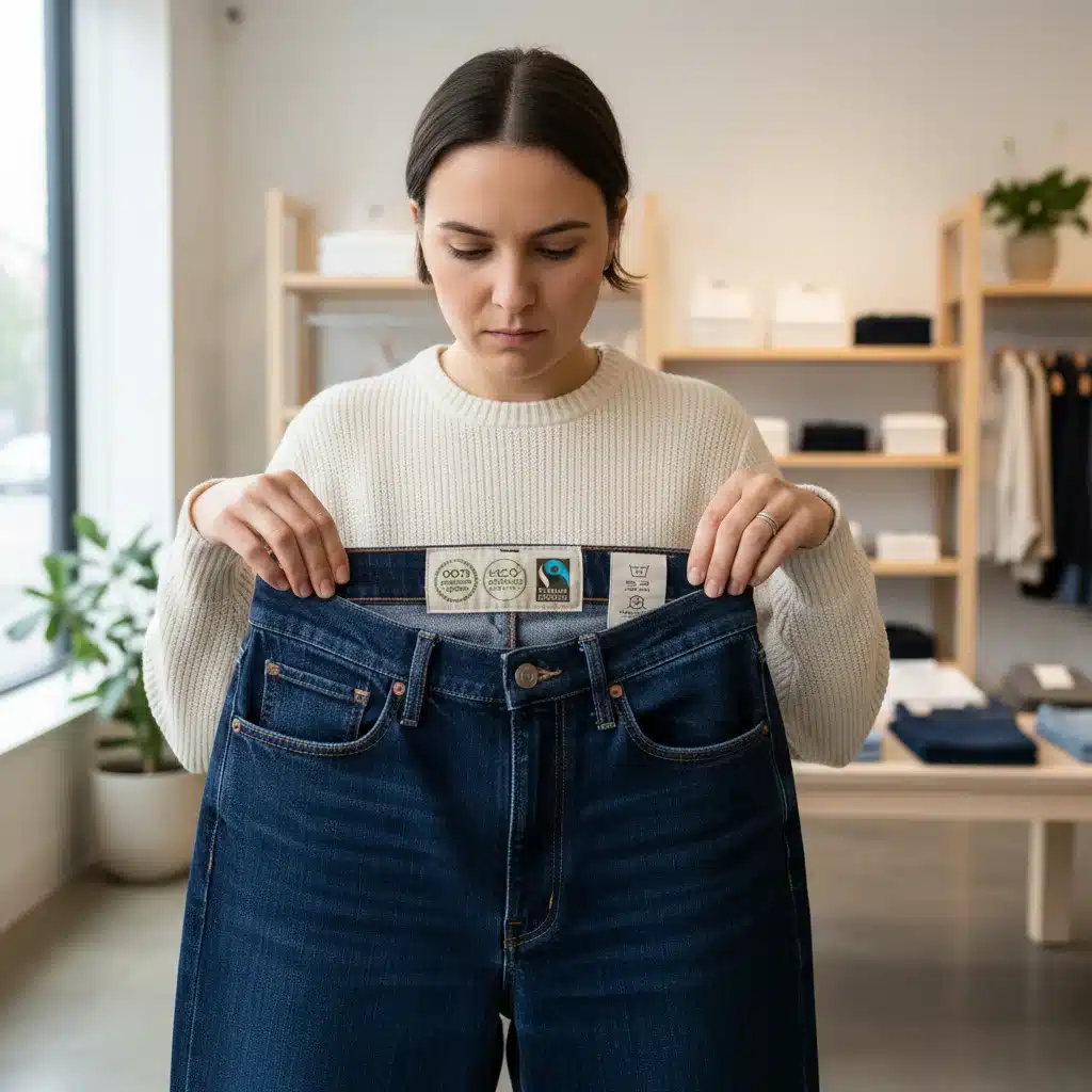 Person checking eco-friendly care label on sustainable denim jeans in a store.