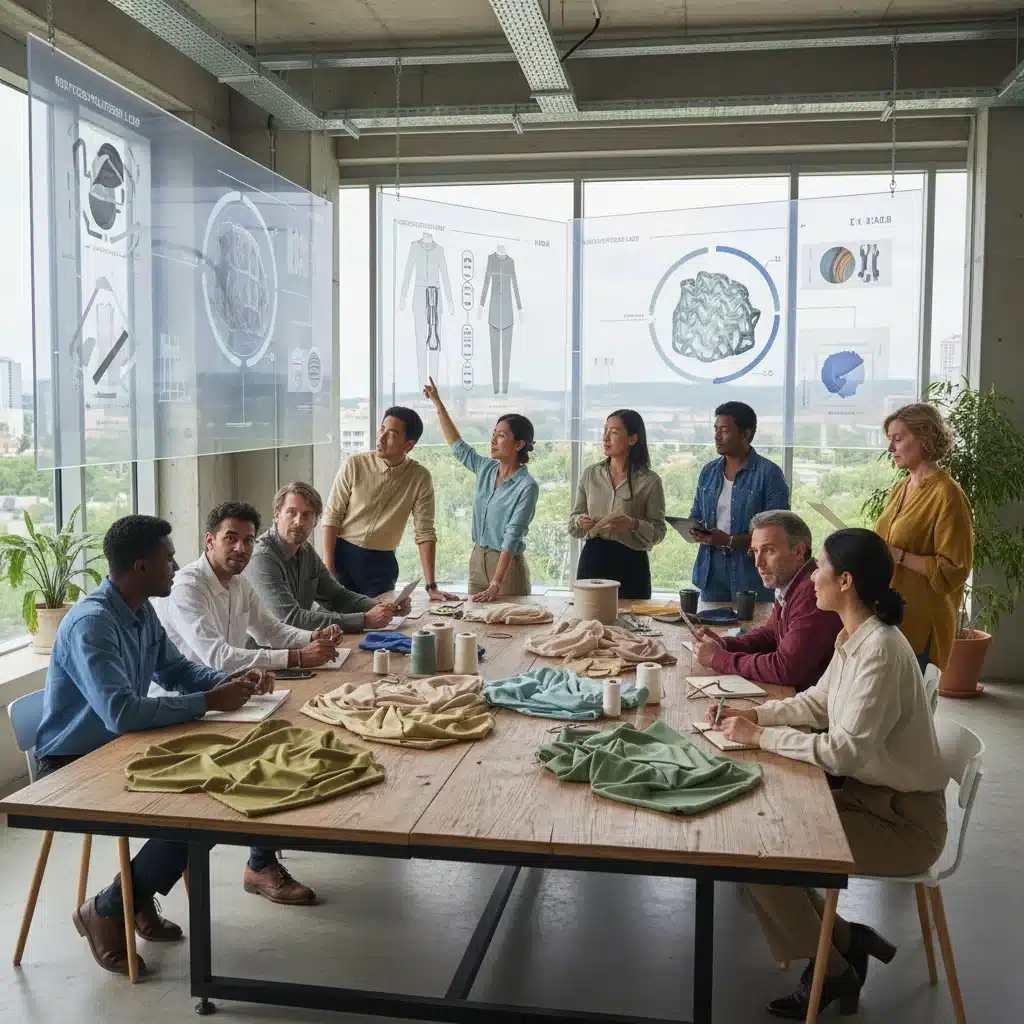Textile professionals collaborating on circular fashion and sustainable design.