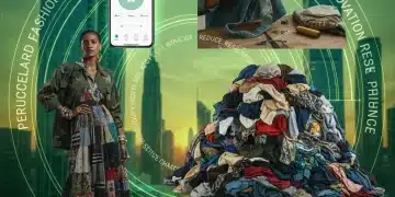 Circular Fashion Impact: 15% US Consumer Spending Shift by 2026 Dynamic collage illustrating circular fashion with rental, repair, recycling, and upcycling, symbolizing innovation and sustainable consumer shifts.
