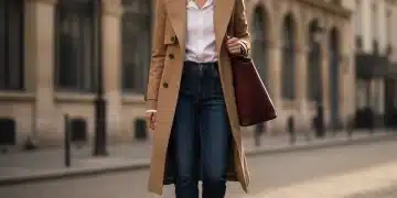 Woman in classic trench coat and jeans, symbolizing enduring style and quality investment.