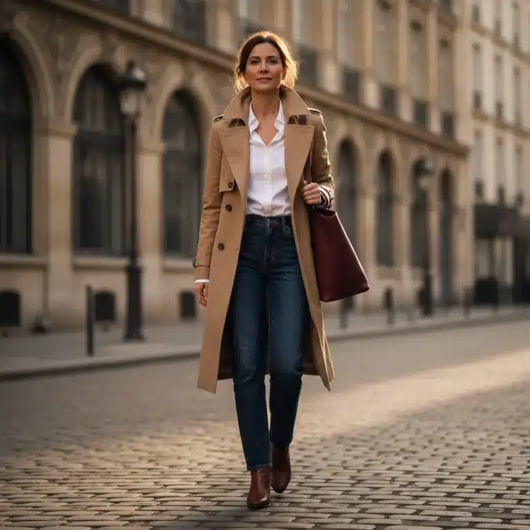 Woman in classic trench coat and jeans, symbolizing enduring style and quality investment.