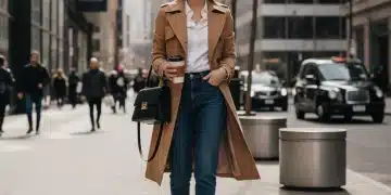 Woman in classic camel trench coat and jeans walking confidently