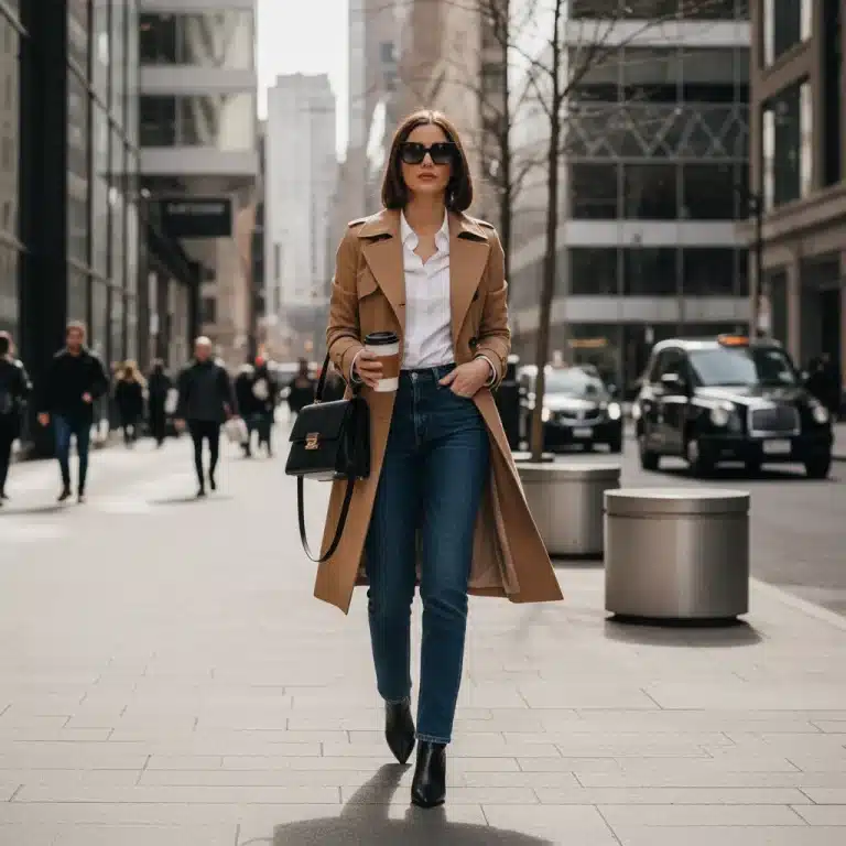 Woman in classic camel trench coat and jeans walking confidently