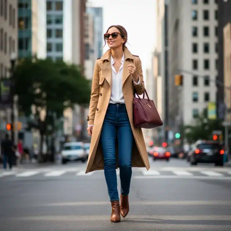 Woman wearing a classic trench coat, embodying smart wardrobe investments for 2026