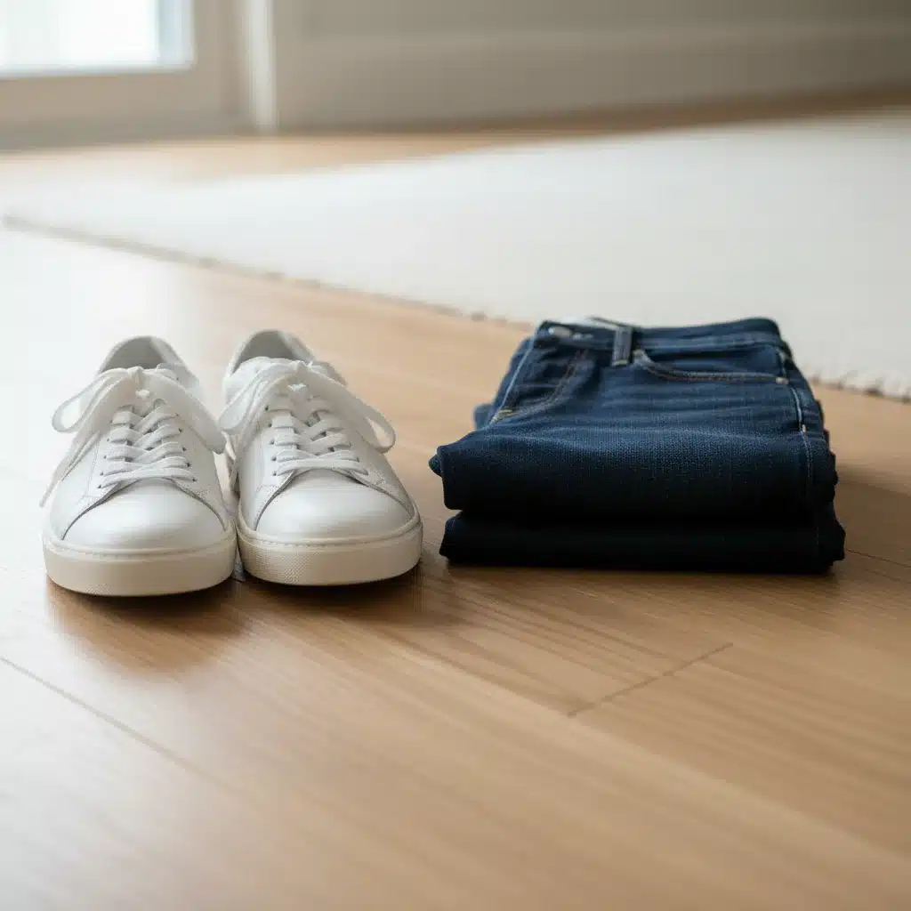 Classic white leather sneakers paired with dark wash straight-leg denim jeans, representing versatile footwear and bottom wear.