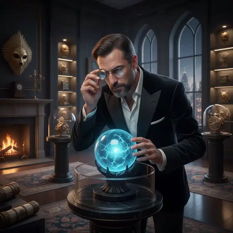 Collector examining rare artifact, building exclusive collection