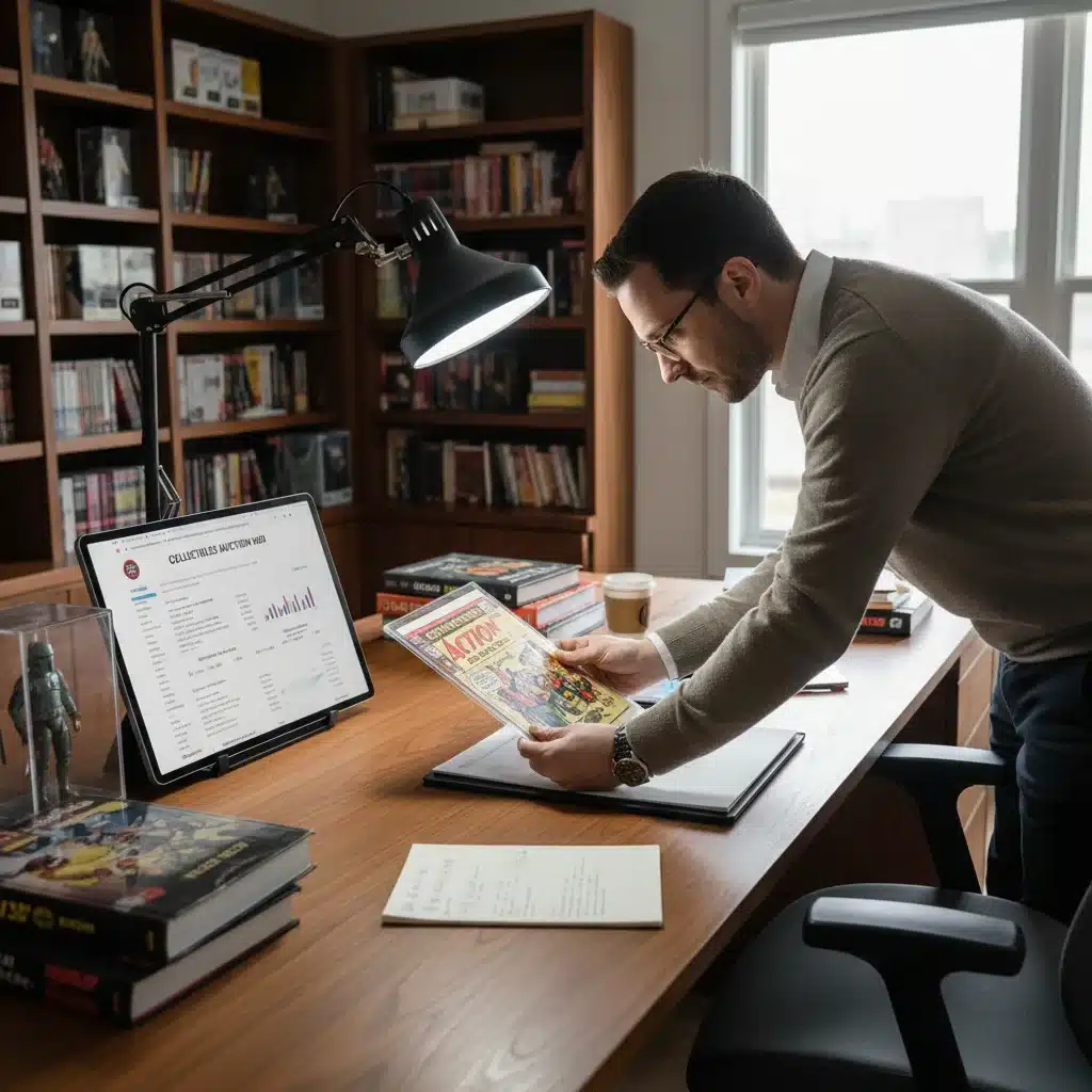 Collector examining a rare comic book with a tablet displaying market data.