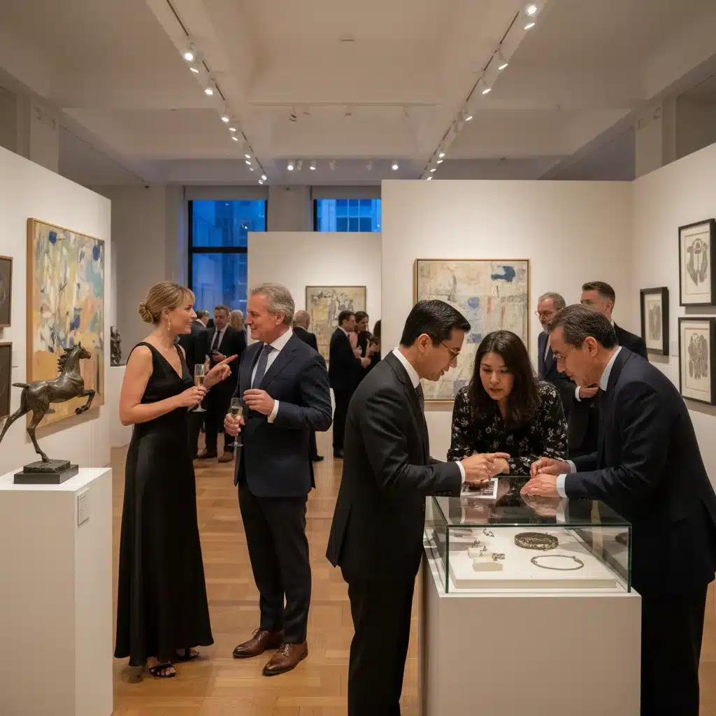 Collectors networking at exclusive exhibition, sharing insights