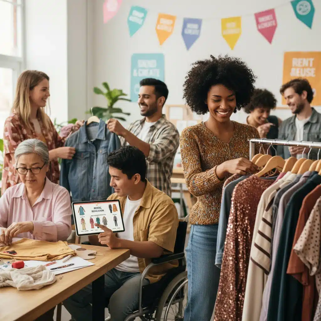 Diverse community engaging in circular fashion activities like thrifting, clothing swaps, repairs, and digital rentals.