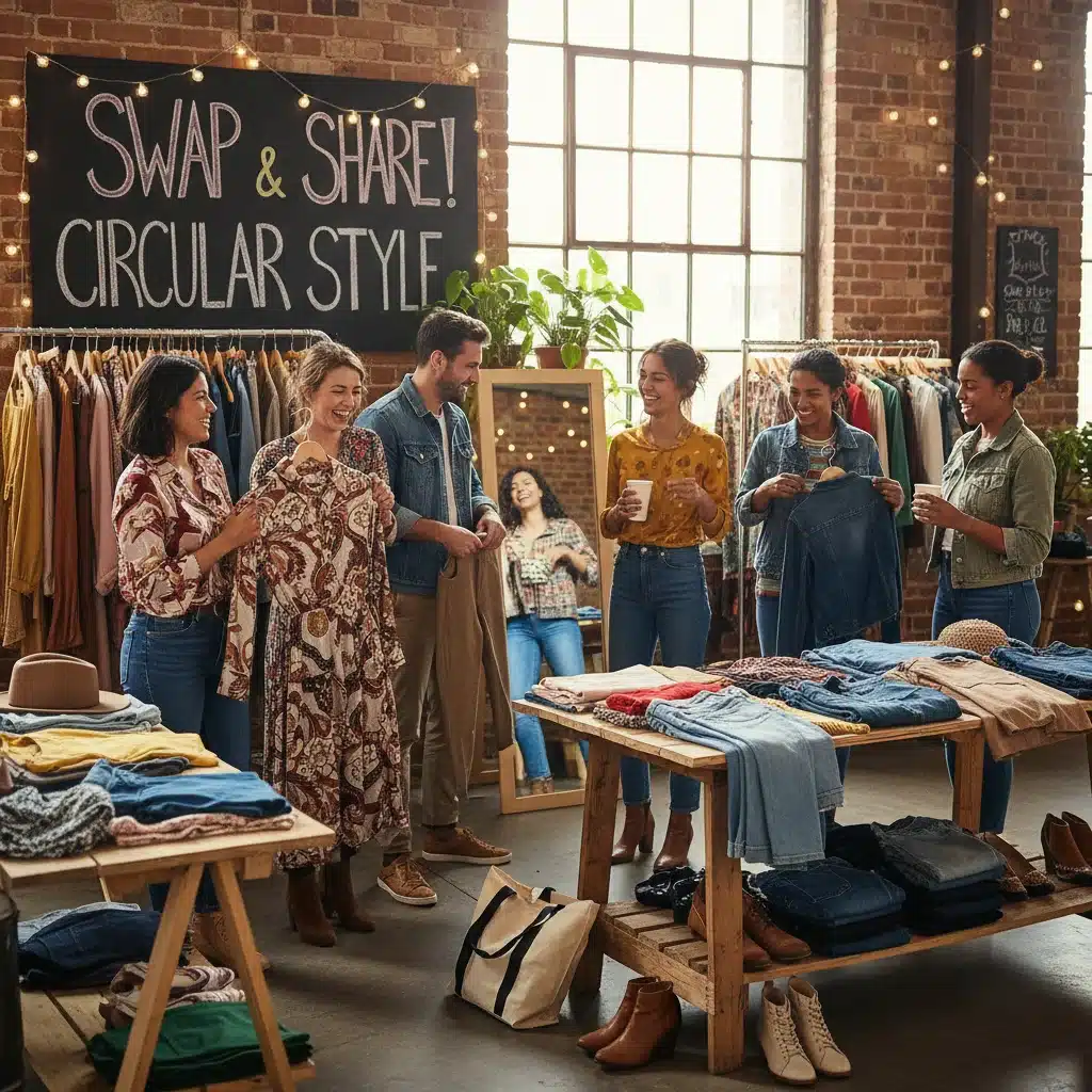 Friends at a clothing swap party, demonstrating community and sustainable fashion exchange.