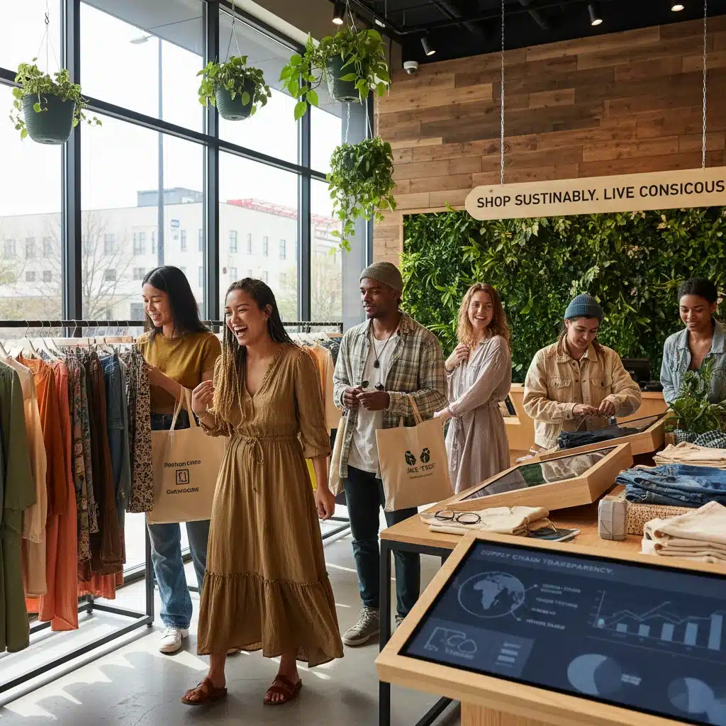 Diverse consumers engaging with ethical fashion in eco-friendly store