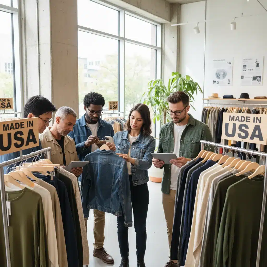 Conscious consumers checking garment labels for ethical production.