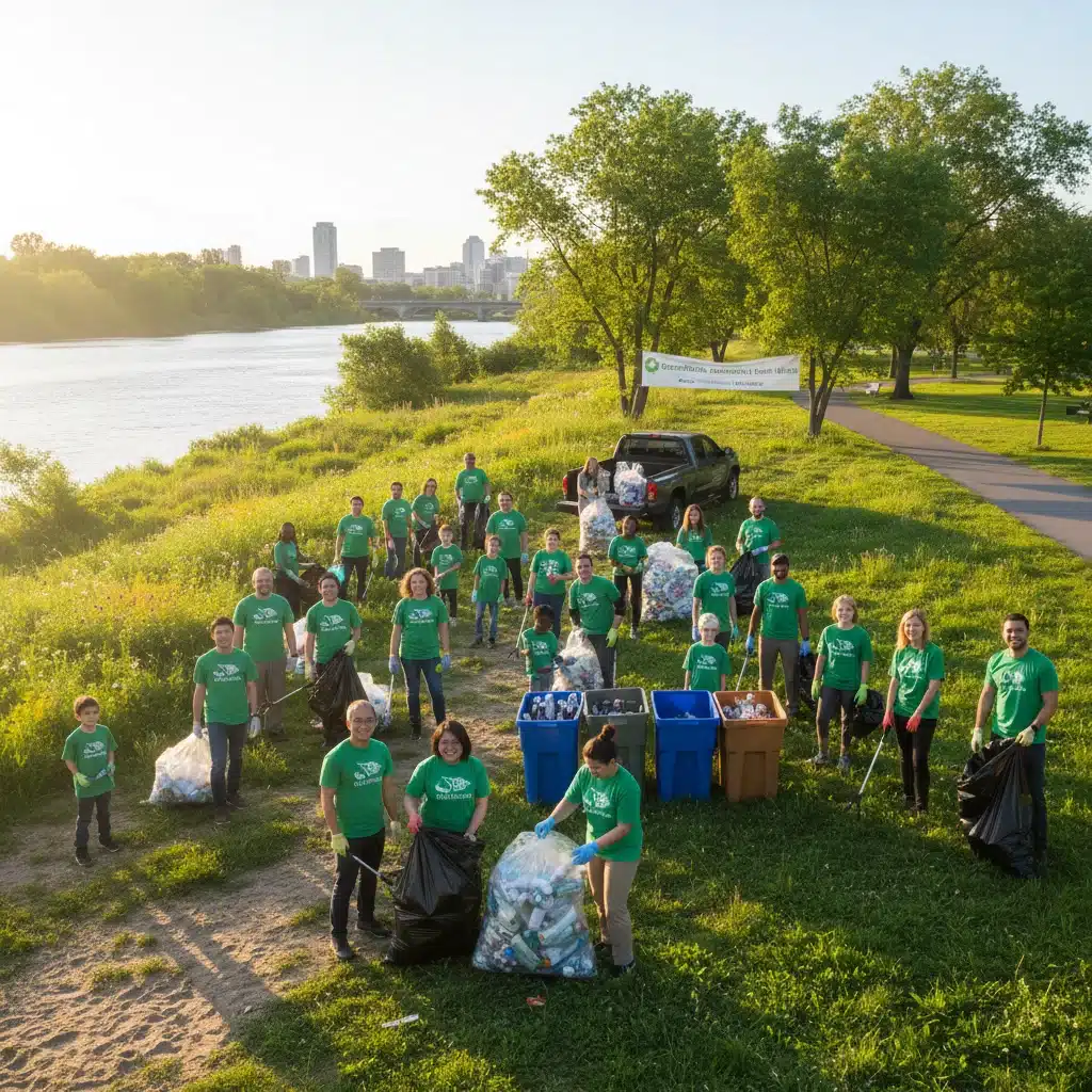 Employees participating in a community cleanup, demonstrating corporate environmental responsibility.