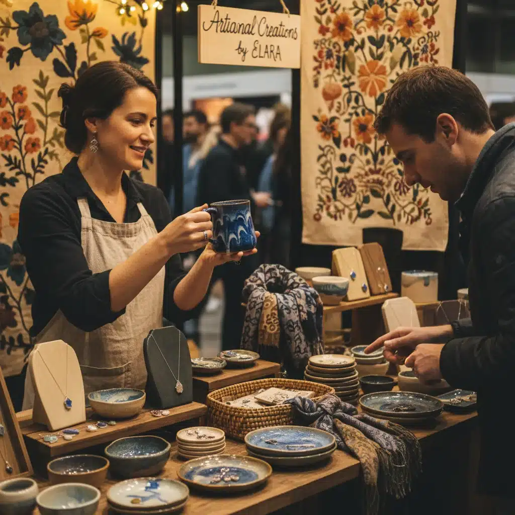 Independent creator's booth displaying handmade products and engaging with a customer at a French trade show.