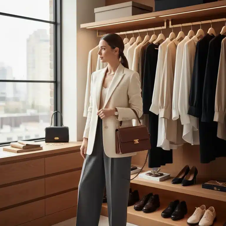 Elegant woman showcasing a curated wardrobe with key investment pieces for 2026 fashion
