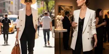 Woman in versatile blazer and trousers transitioning from day to night city scene