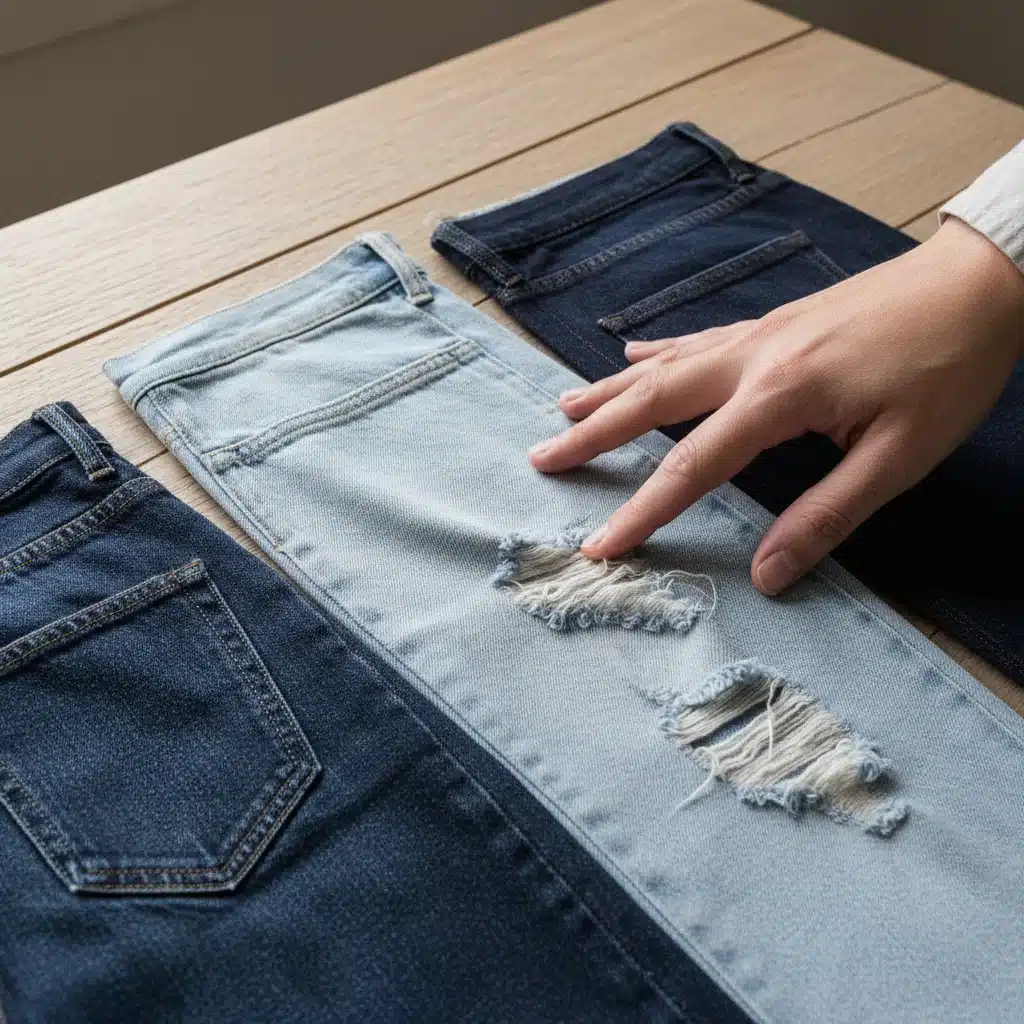 Close-up of various denim fabric washes and textures