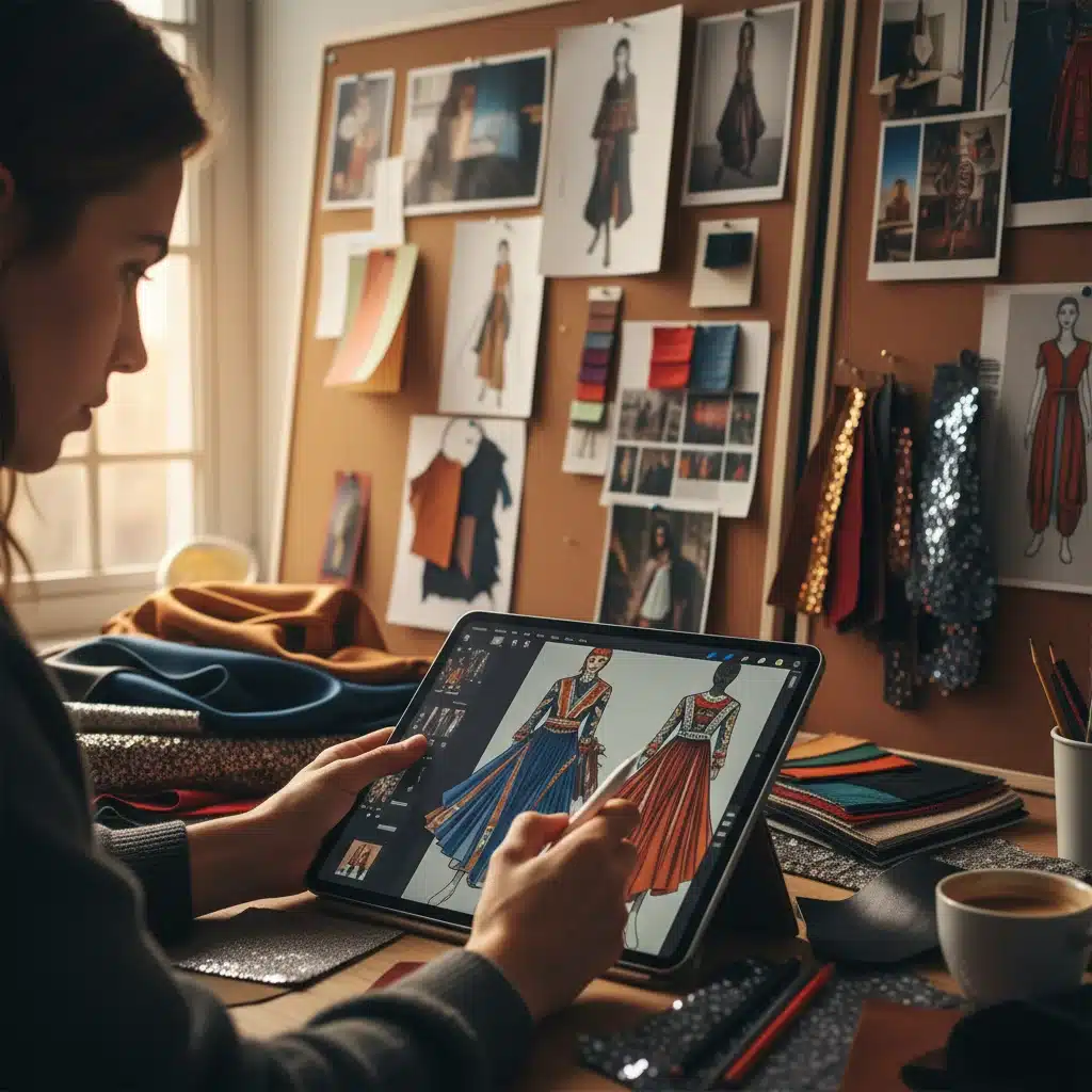 Fashion designer sketching intricate details for an upcoming exclusive collection, surrounded by creative materials.