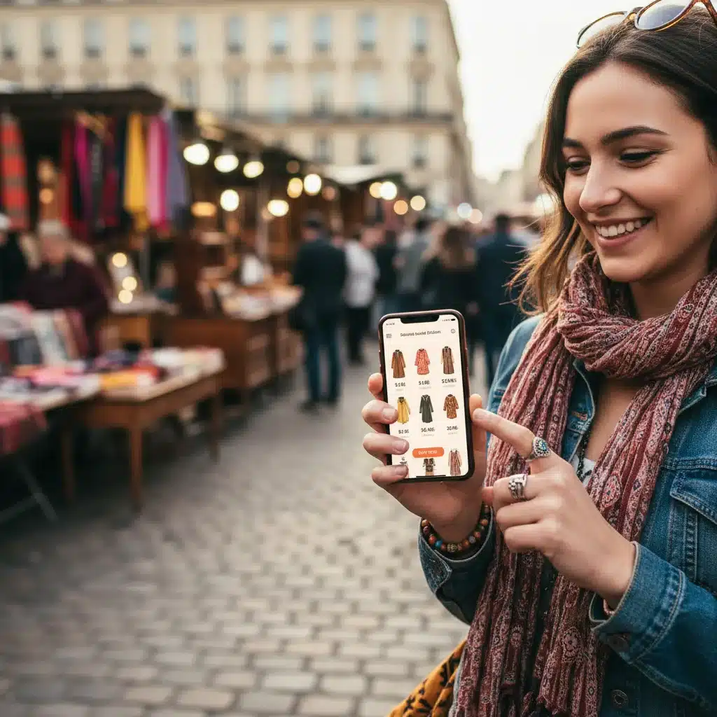 Woman browsing second-hand fashion app on phone, illustrating digital circular economy.