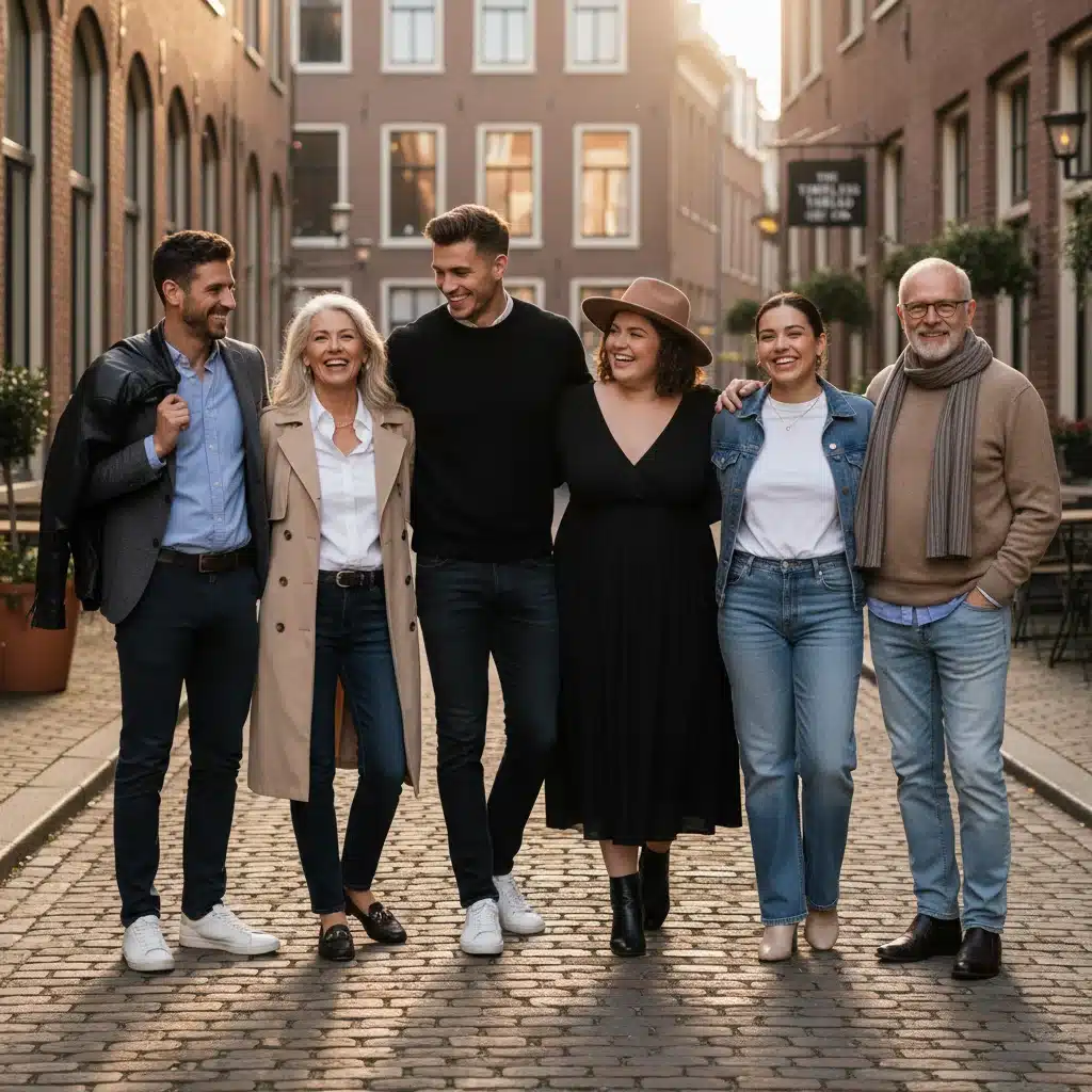 Diverse group wearing versatile capsule wardrobe pieces in urban setting