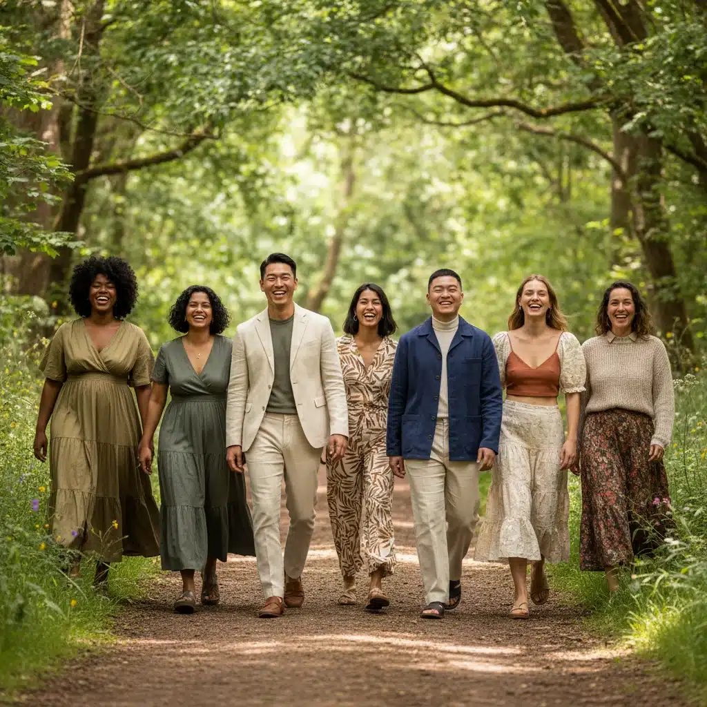 Diverse models showcasing ethical fashion pieces in a natural outdoor environment, promoting inclusivity.