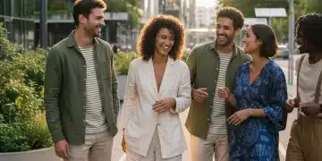 Group of diverse young adults wearing durable ethical fashion in an urban setting