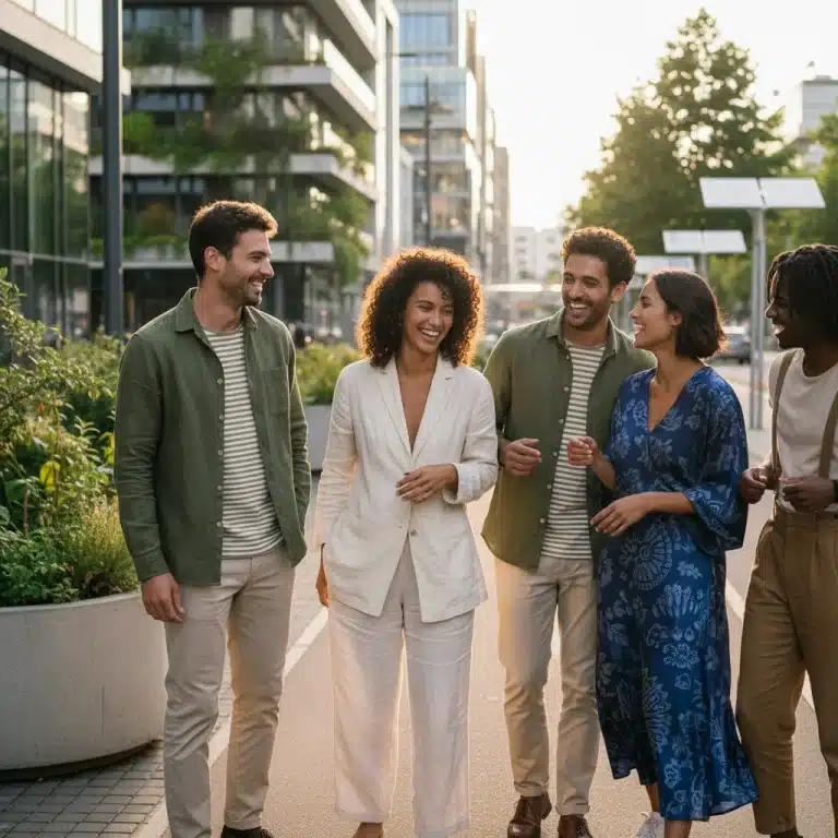 Group of diverse young adults wearing durable ethical fashion in an urban setting