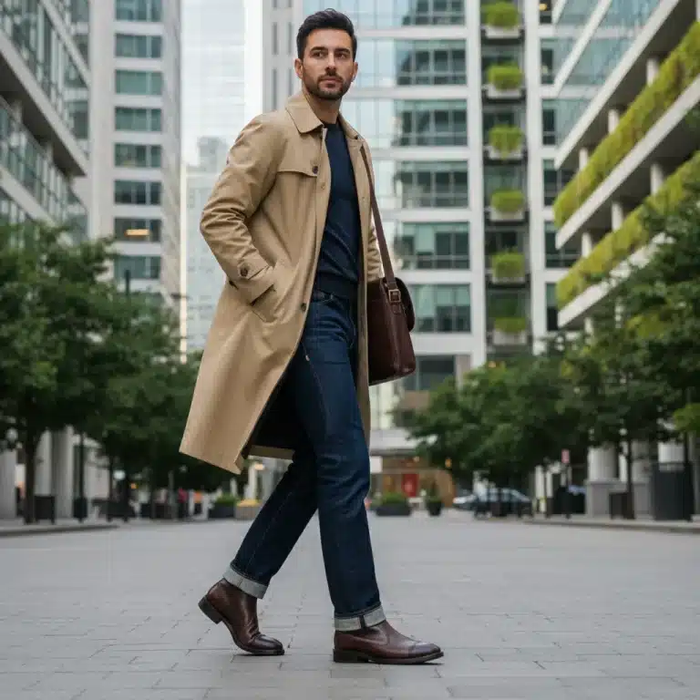 Stylish person showcasing durable wardrobe essentials in an urban environment