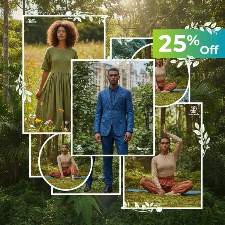 Stylish models in eco-friendly fashion with 25% off promotion banner