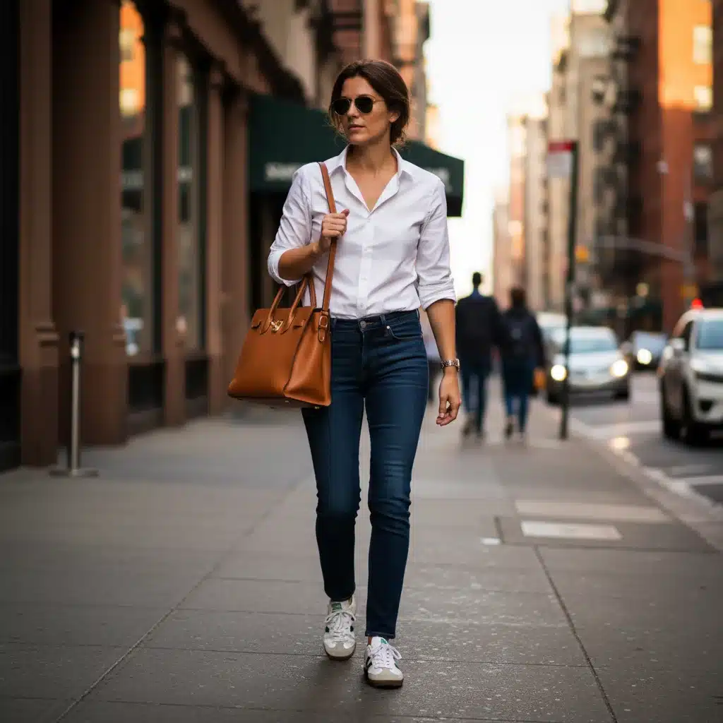 Person in a city wearing a white button-down, dark jeans, sneakers, and a leather tote, representing effortless American style.
