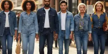 Diverse individuals showcasing various denim styles in an urban setting