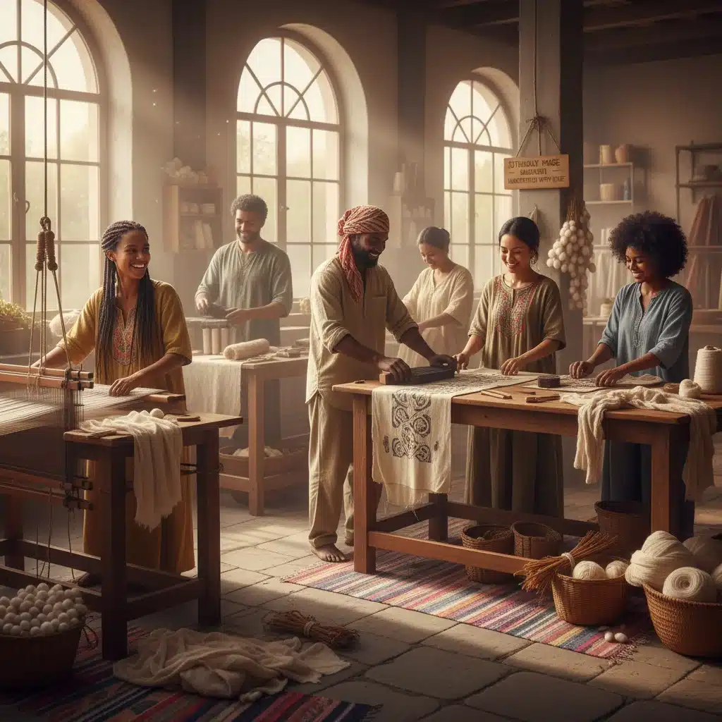Artisans handcrafting garments with organic materials in an ethical workshop, highlighting fair labor.