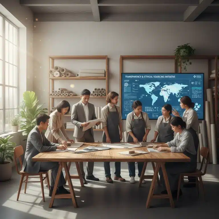 Designers and workers collaborating on ethical fashion supply chain transparency