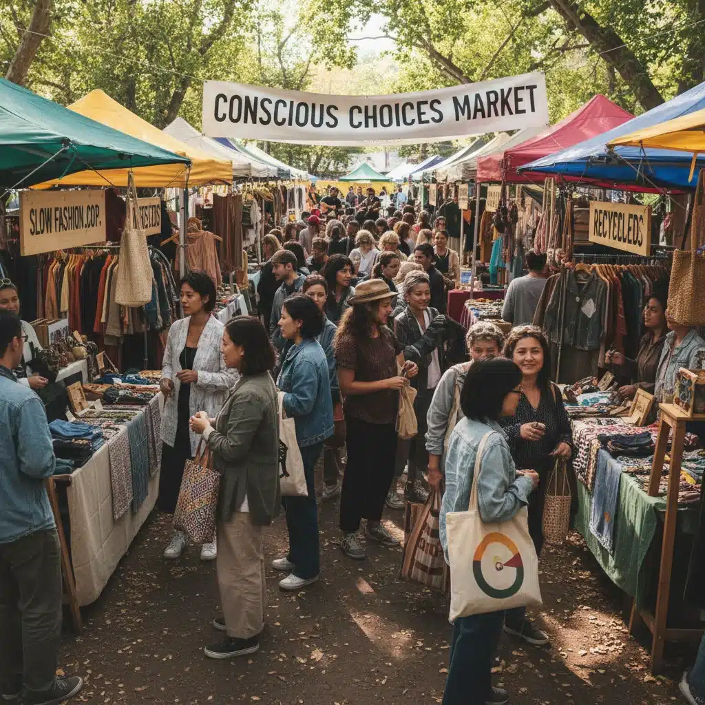 Consumers engaging with ethical and sustainable fashion at a community market.