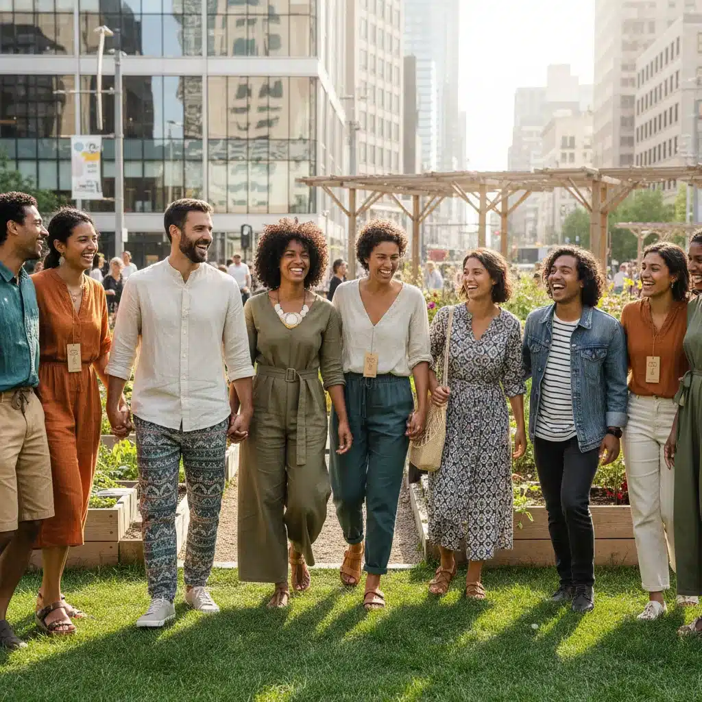 Diverse individuals wearing stylish ethical fashion in a park
